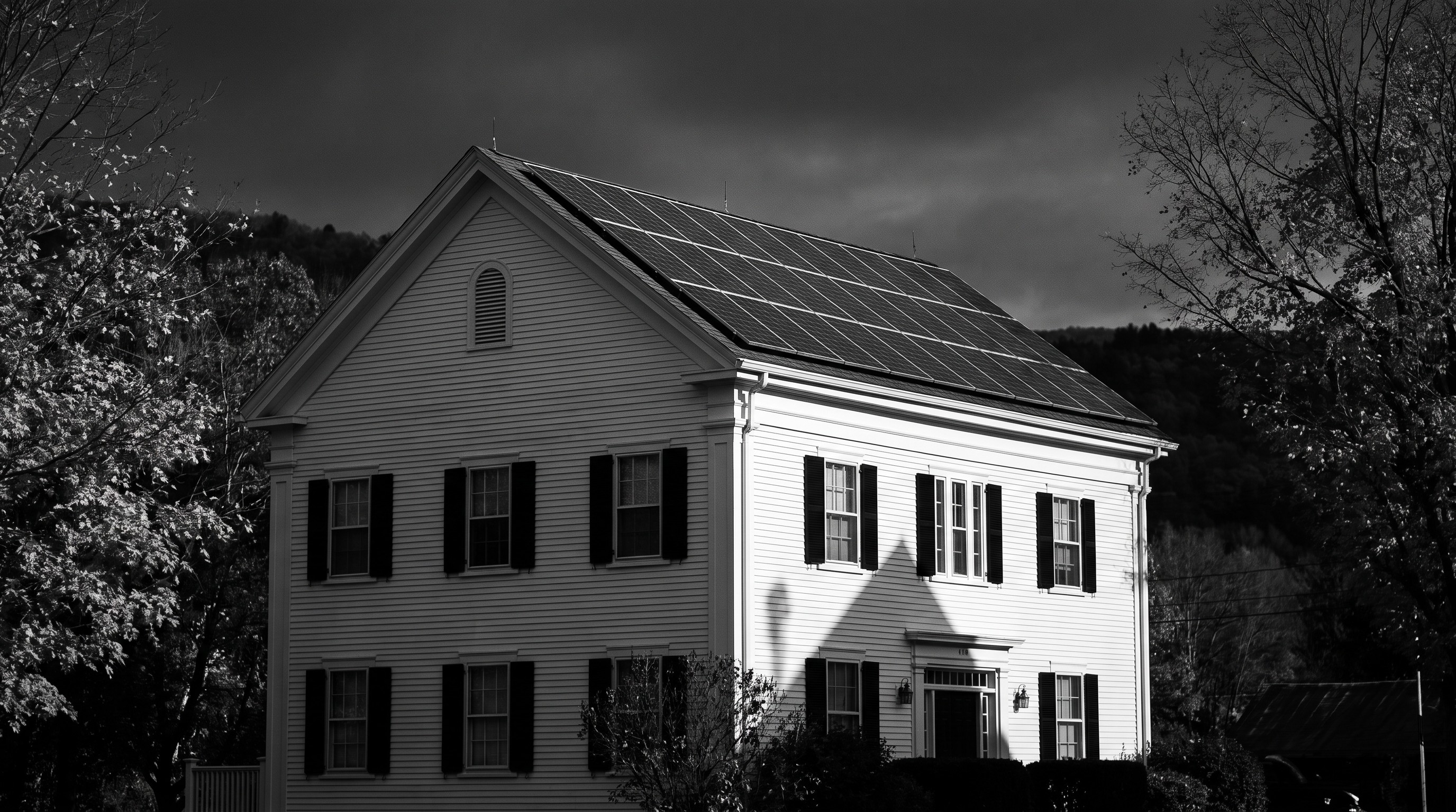 Rooftop solar panels on a small town hall building