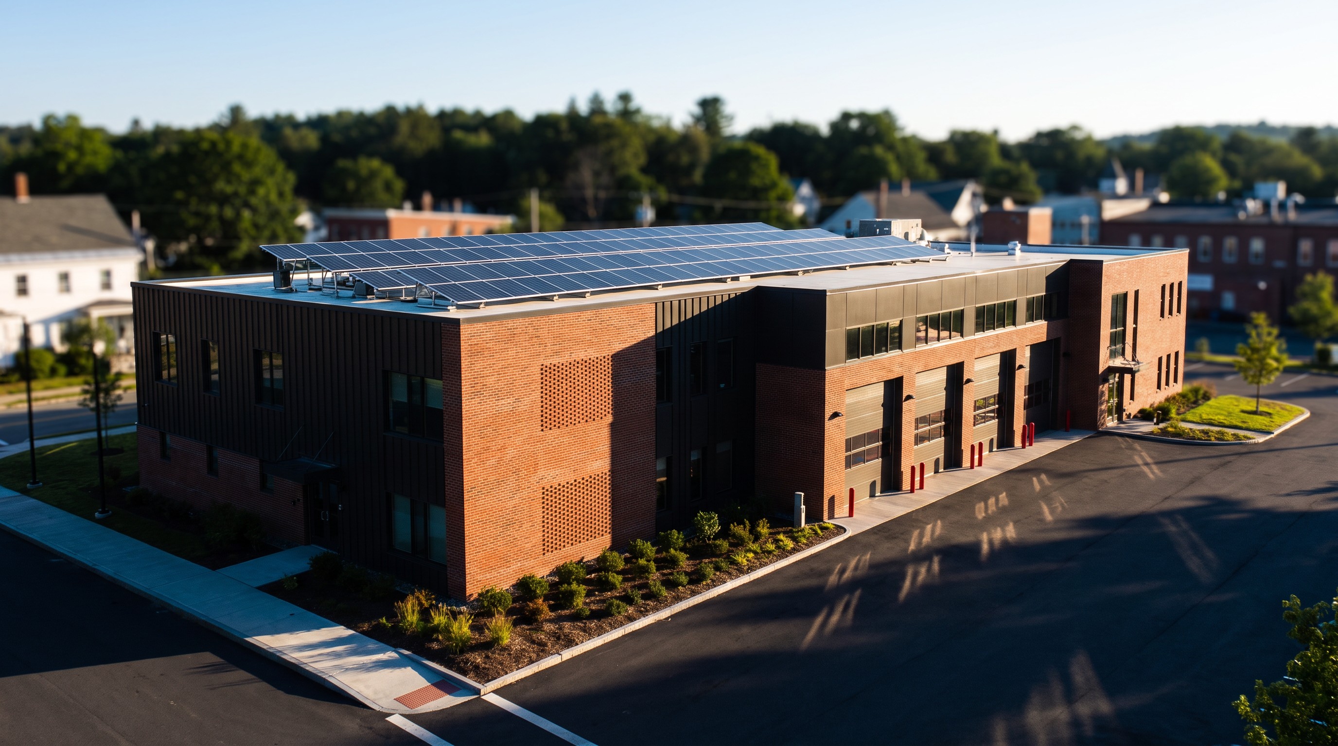 New municipal public safety complex with solar array under a clear sky