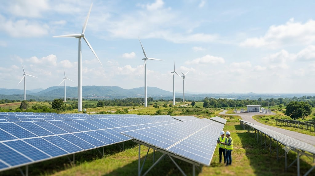 Wind turbines and solar array with engineers on site
