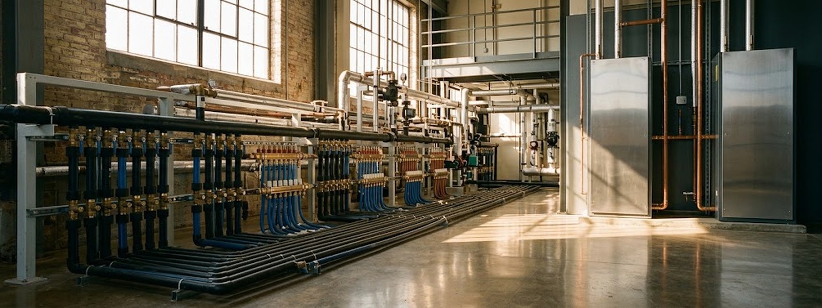 Interior of a municipal mechanical room showing a geothermal ground loop manifold, parallel headers, brass isolation valves and two water source heat pump cabinets in daylight