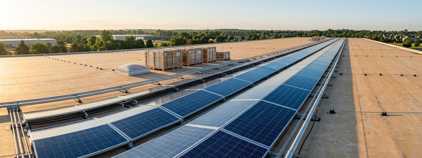 Rows of commercial rooftop solar panels at low sun with unopened module crates stacked near a roof hatch