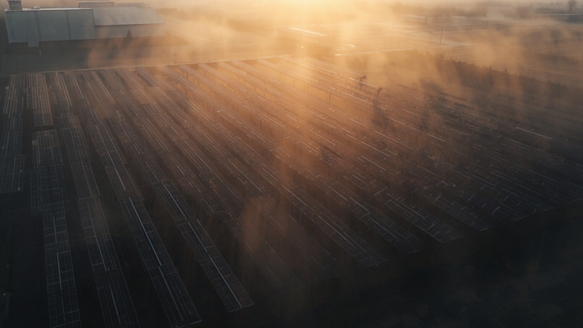 Sunrise aerial view of a ground-mounted solar array in low morning mist
