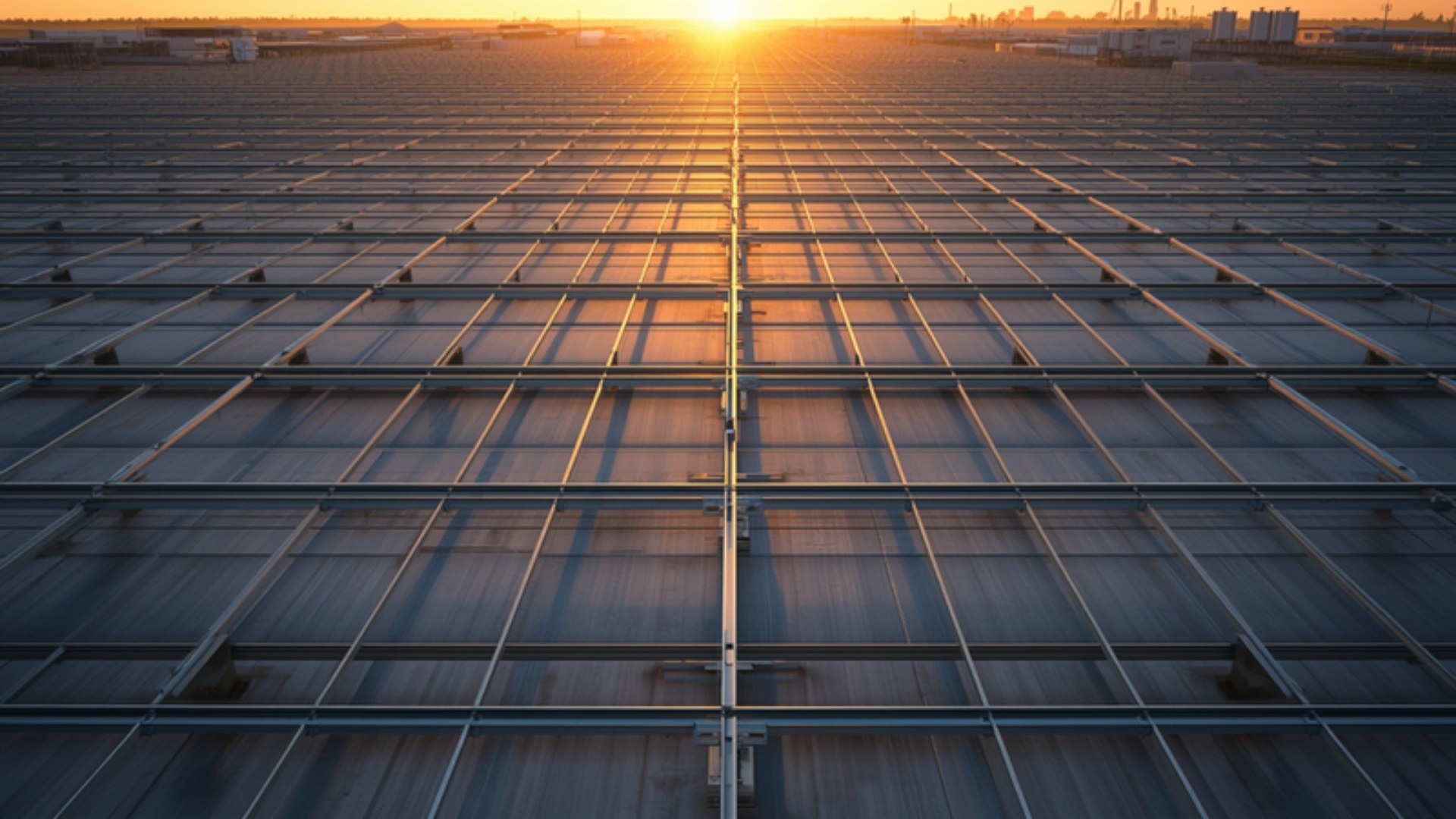 Elevated view at sunrise of a steel racking system supporting solar panels on a flat commercial roof