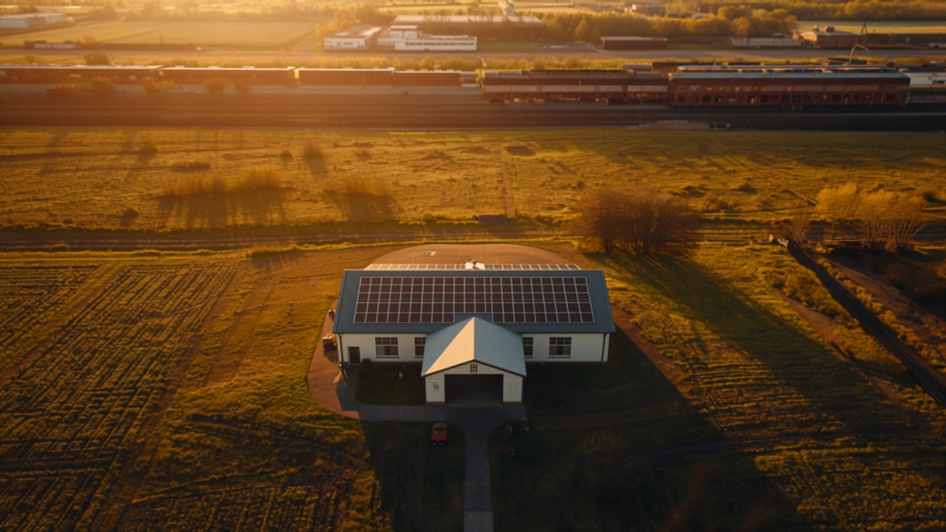 Golden hour aerial view of a small rural building with a rooftop solar array surrounded by farmland