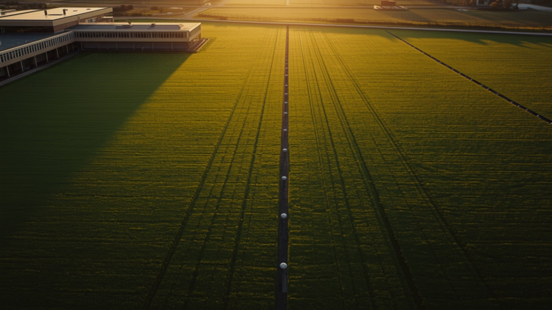 Aerial view at dusk of a geothermal bore field under a lawn beside a school building