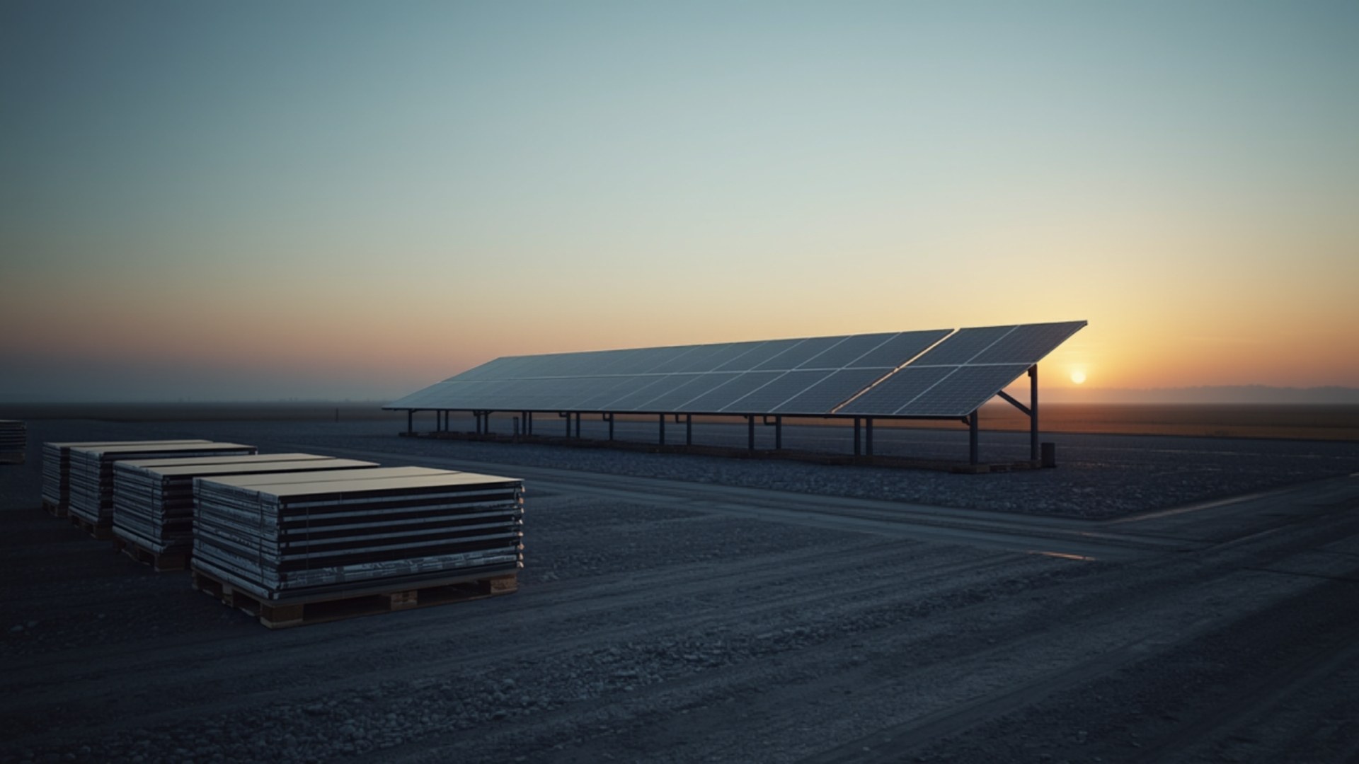 Elevated view at first light of pallets of solar modules staged beside a partially built ground-mount array