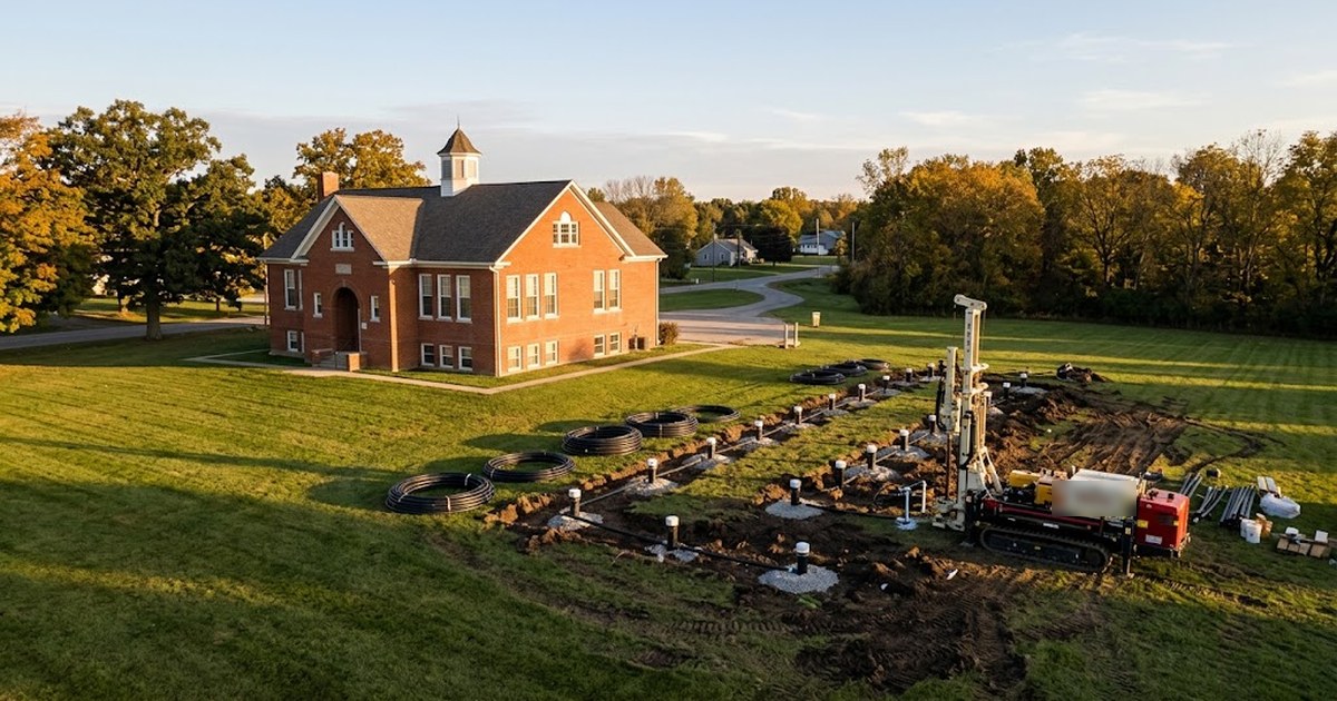Aerial view of a red brick municipal building at golden hour with a geothermal bore field under construction on the adjacent lawn, capped wellheads in rows and coils of ground loop pipe