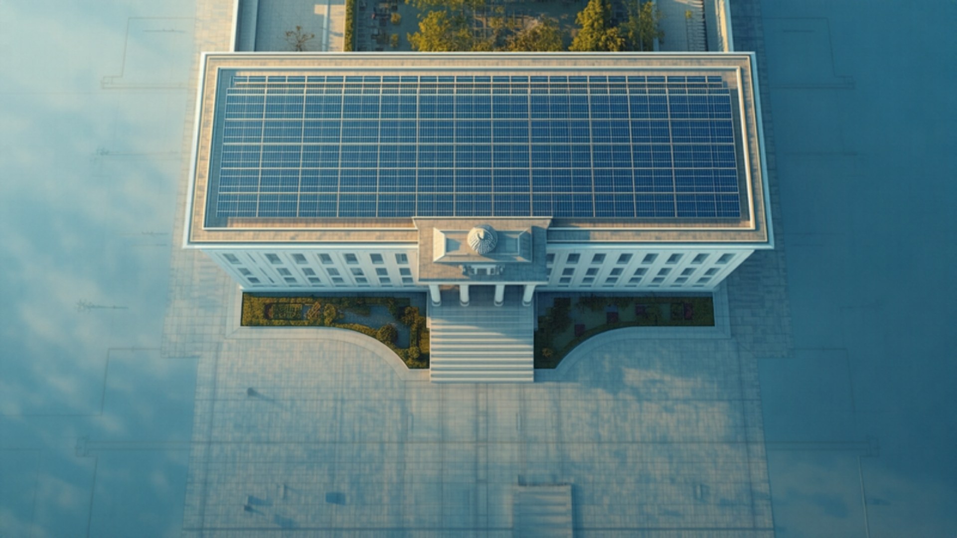 Early morning elevated view of a municipal building with a rooftop solar array and a clear sky