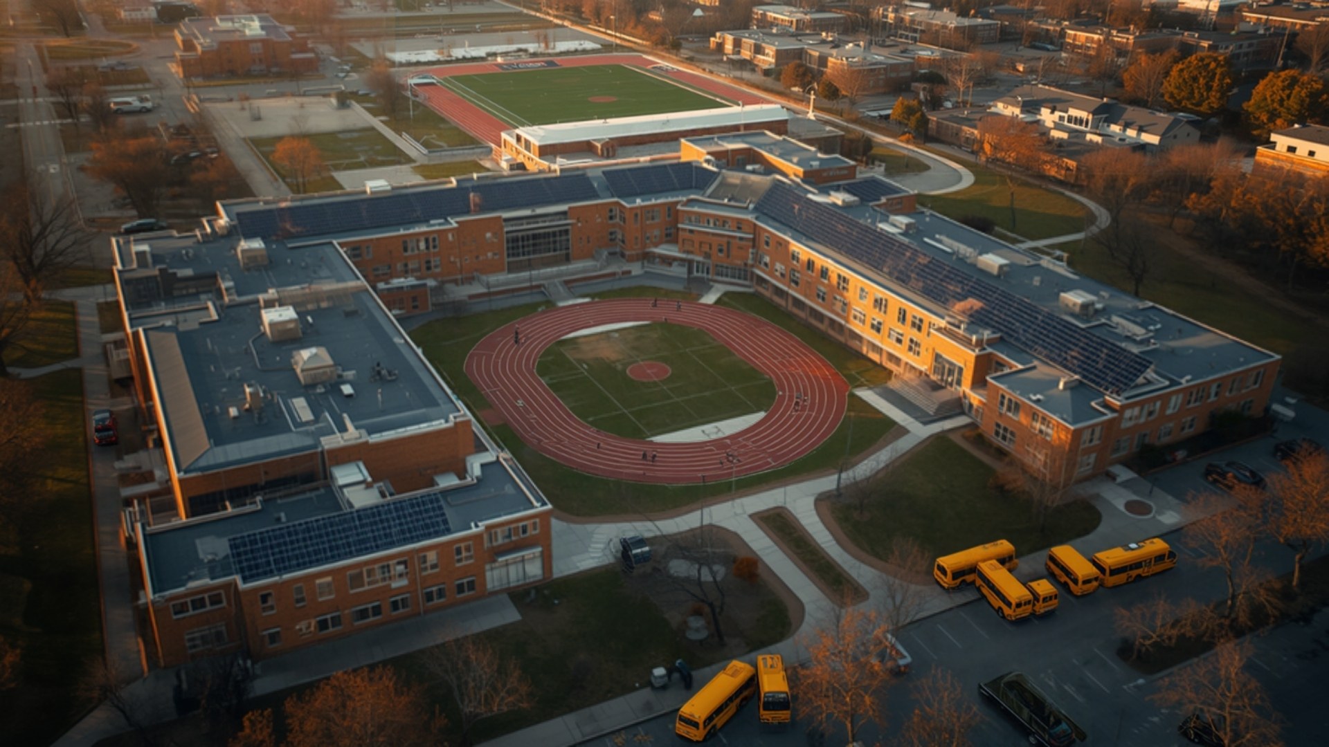 Aerial view of a large public school campus with rooftop solar arrays across its wings in late autumn light