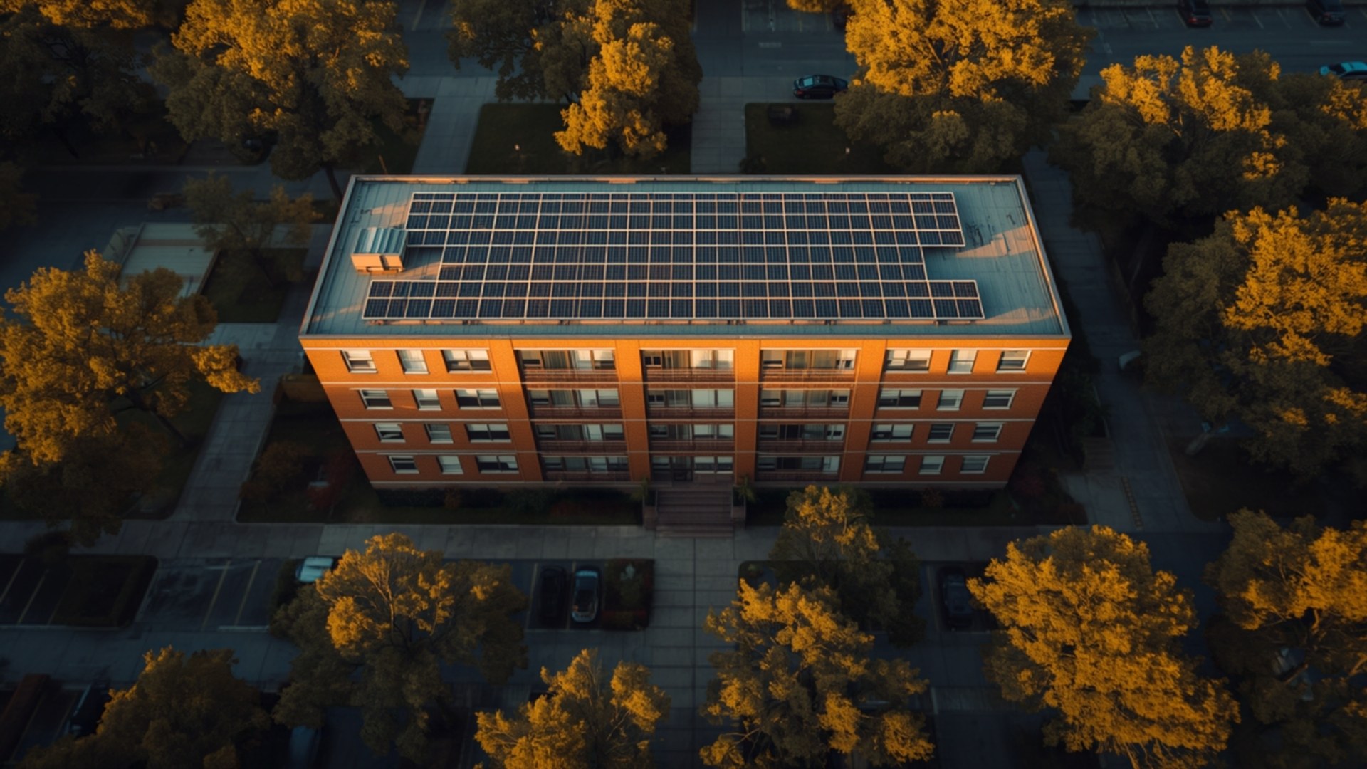 Golden hour aerial view of solar panels covering the roof of a low-rise apartment building