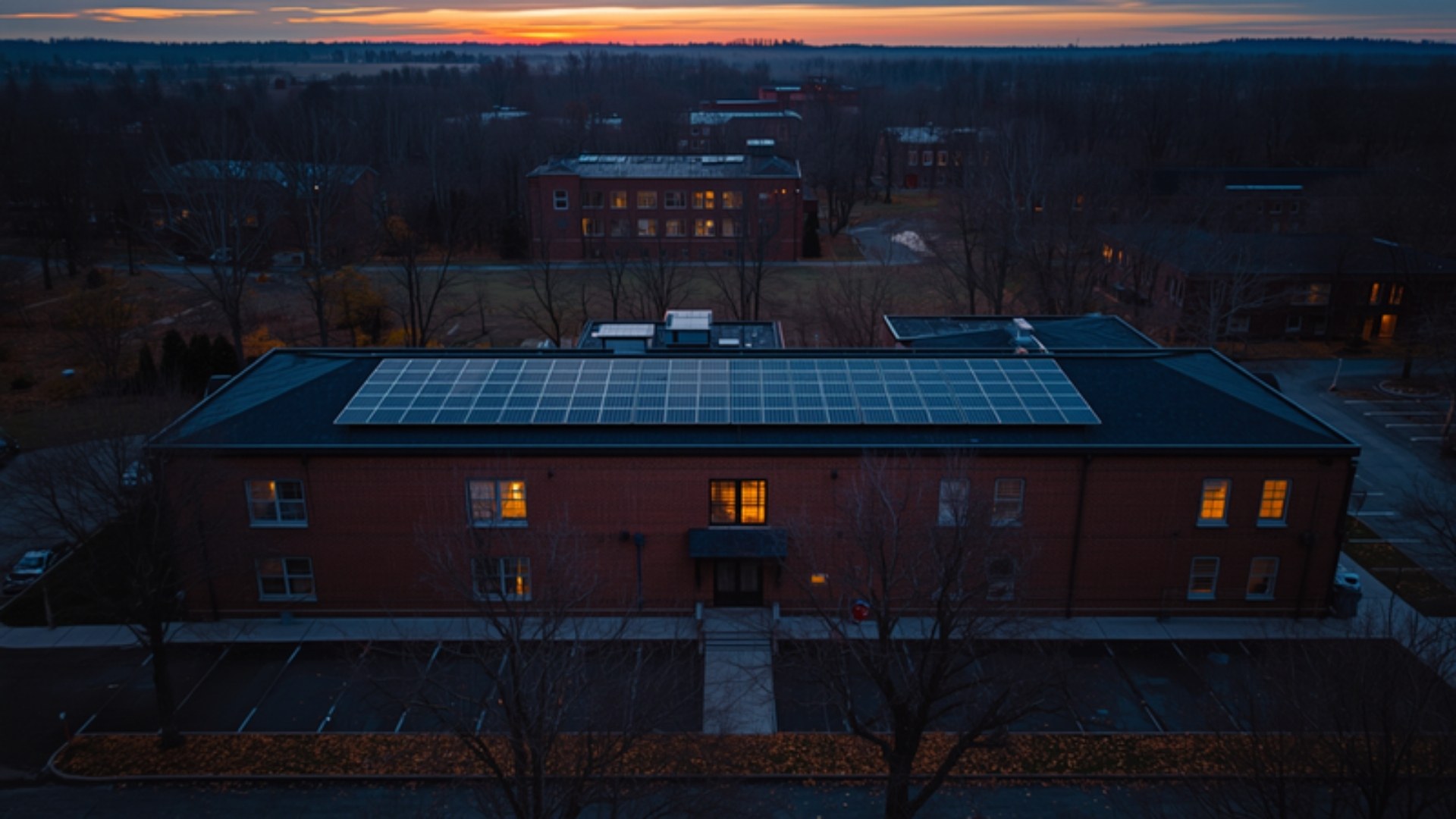 Aerial view at dusk of a school building with a rooftop solar array under a darkening autumn sky