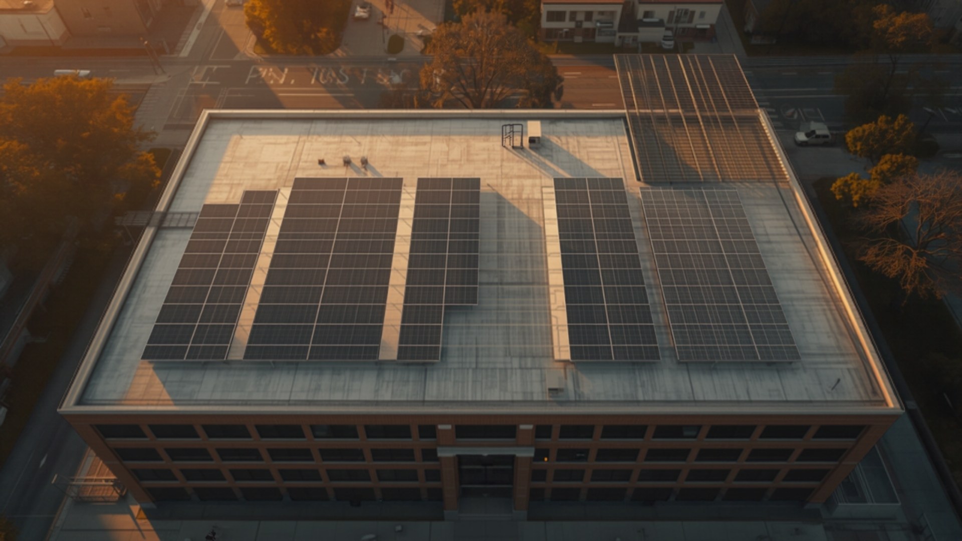 Golden hour aerial view of a civic building with a solar array covering its flat roof