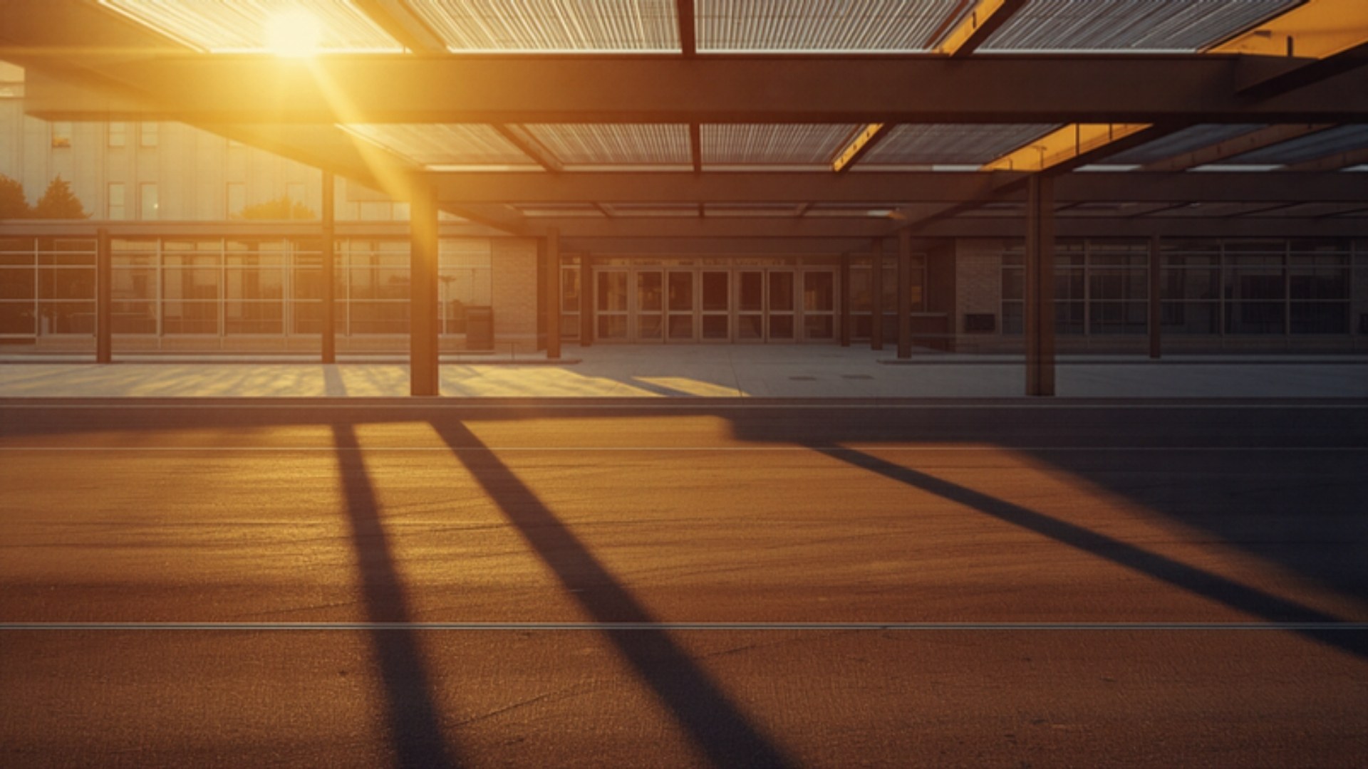 Elevated golden hour view of a school building with a solar canopy over its parking lot